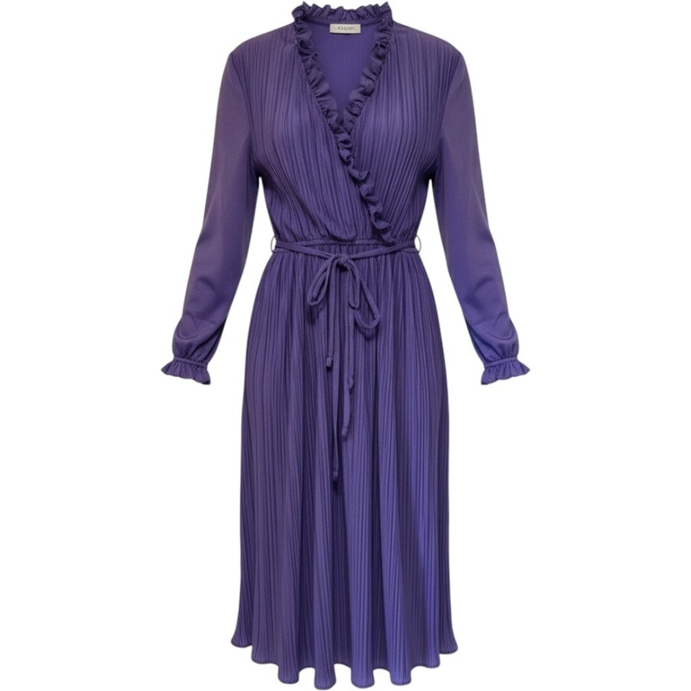 VTG Hal Ferman Purple Pleated Accordion Ruffle Wrap Midi Dress Long Sleeve S M